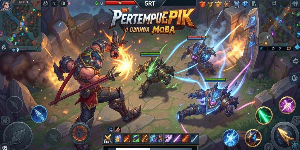 Screenshot gameplay 5RT menampilkan pertempuran seru di arena MOBA.
