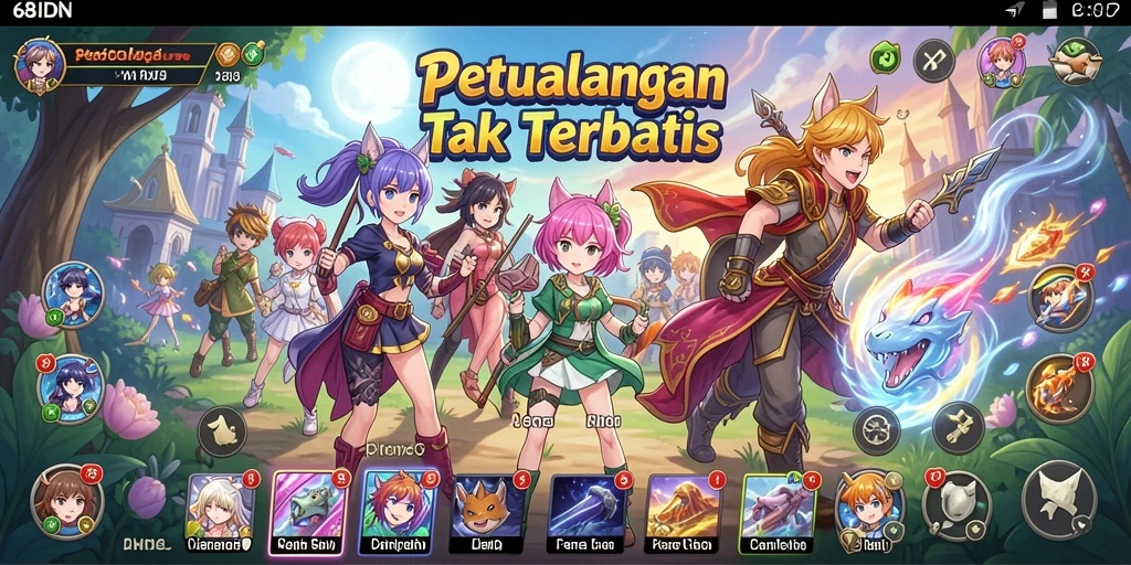 Screenshot menampilkan karakter anime bertarung di arena yang megah.