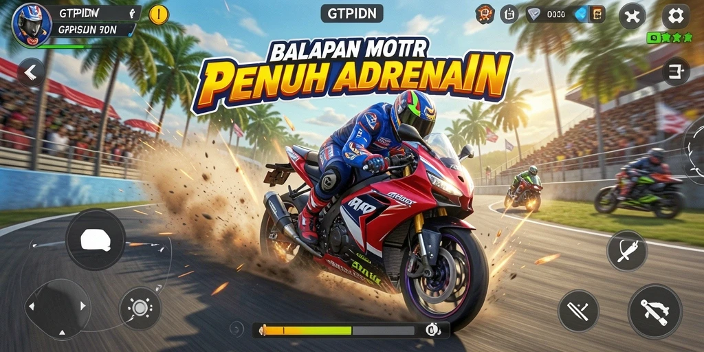 Screenshot gameplay GTPIDN menunjukkan aksi balap motor yang intens dan mendebarkan.