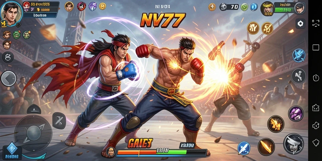 Tampilan menarik dari gameplay NV77 dengan pertarungan yang seru.