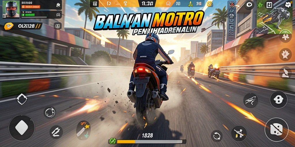 Tampilan gameplay seru OLX128 dengan balapan motor menantang.