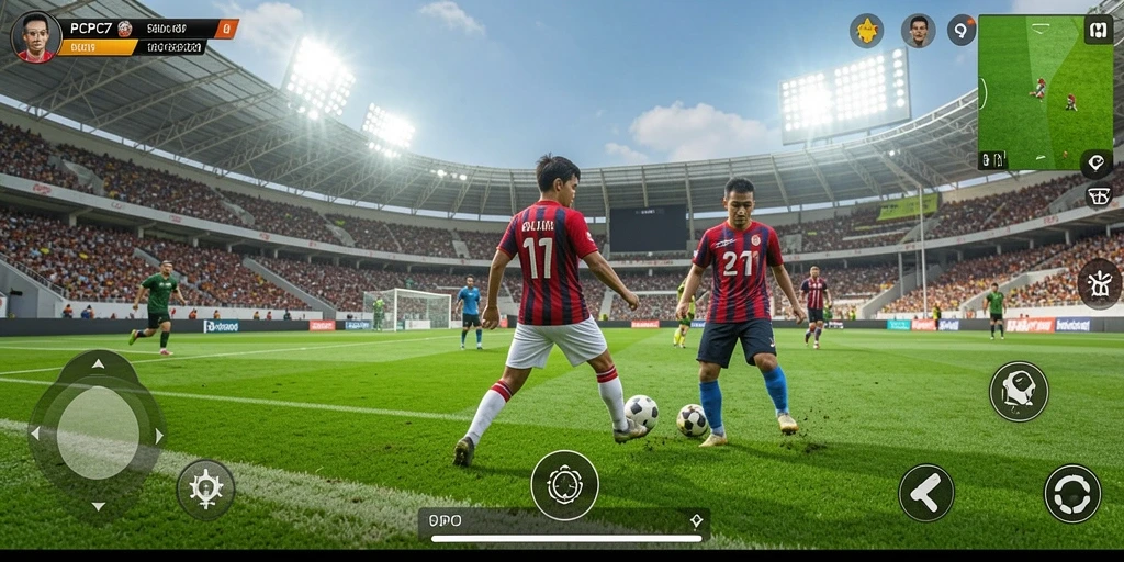 Tampilan layar gameplay yang penuh aksi dalam pertandingan sepak bola.