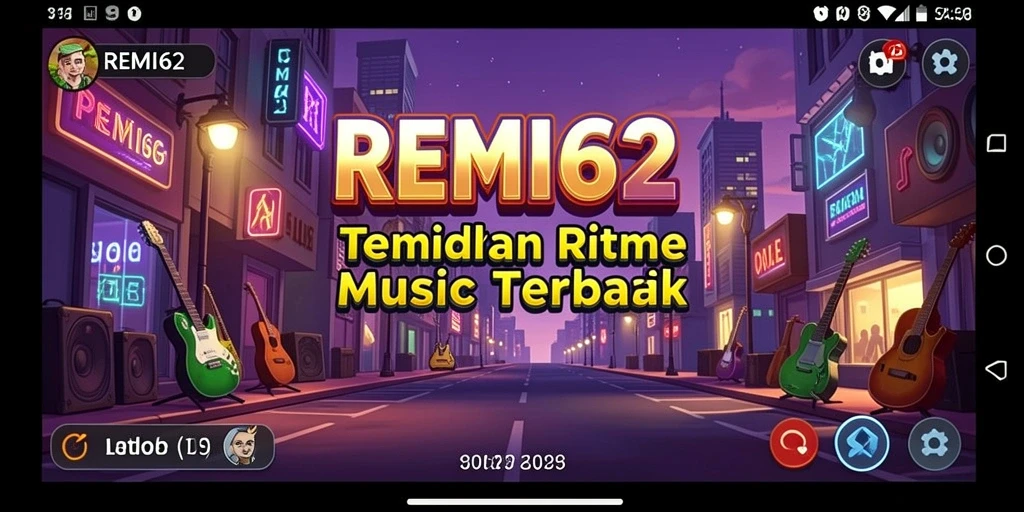 Screenshot utama REMI62 menunjukkan pengguna menikmati gameplay musik yang seru.
