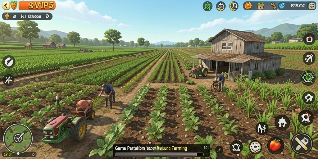 Screenshot gameplay SVIP5 dengan ladang subur dan hewan ternak.