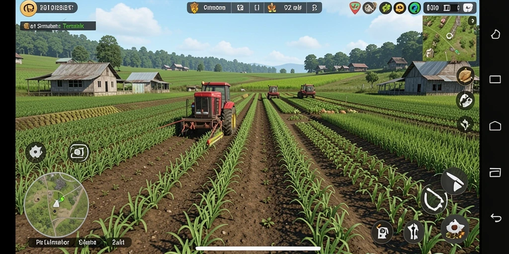 Screenshot utama V07 menampilkan aktivitas pertanian yang menarik.